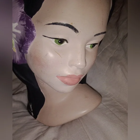 Mid Century Modern Green Eyed Polynesian Woman Head Bust Hibiscus Flower Holland